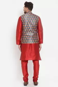 Men Red & Teal Kurta with Churidar & Printed Nehru Jacket