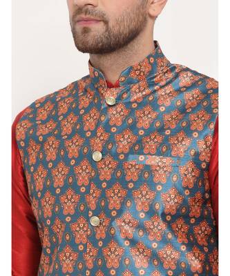 Men Red & Teal Kurta with Churidar & Printed Nehru Jacket 5