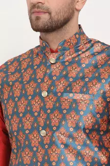Men Red & Teal Kurta with Churidar & Printed Nehru Jacket