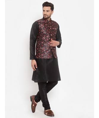 Men Black & Black Kurta with Churidar & Printed Nehru Jacket 1