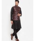 Men Black & Black Kurta with Churidar & Printed Nehru Jacket