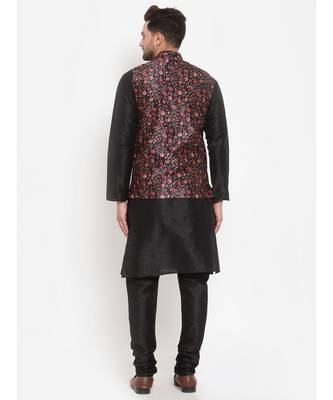 Men Black & Black Kurta with Churidar & Printed Nehru Jacket 3