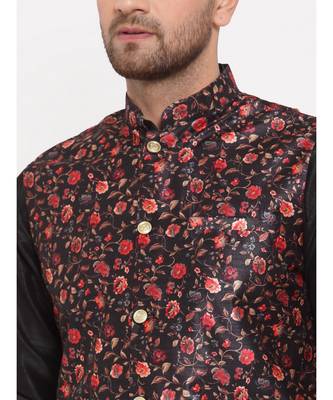 Men Black & Black Kurta with Churidar & Printed Nehru Jacket 4