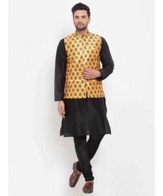 Men Black & Yellow Kurta with Churidar & Printed Nehru Jacket 1