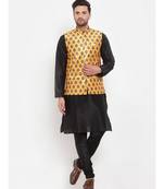Men Black & Yellow Kurta with Churidar & Printed Nehru Jacket
