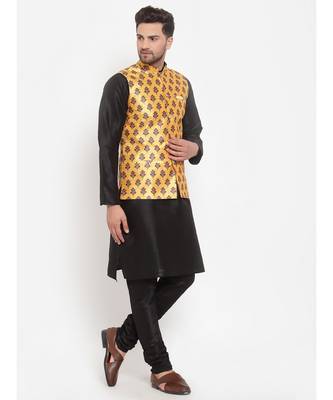 Men Black & Yellow Kurta with Churidar & Printed Nehru Jacket 2