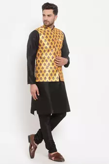 Men Black & Yellow Kurta with Churidar & Printed Nehru Jacket