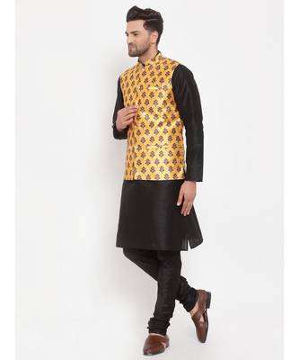 Men Black & Yellow Kurta with Churidar & Printed Nehru Jacket 3