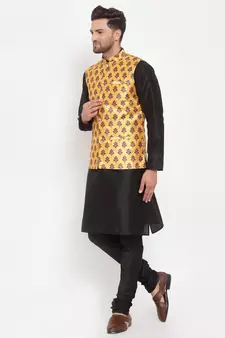 Men Black & Yellow Kurta with Churidar & Printed Nehru Jacket
