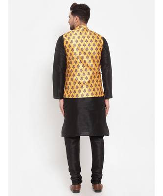 Men Black & Yellow Kurta with Churidar & Printed Nehru Jacket 4