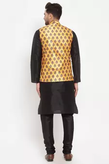 Men Black & Yellow Kurta with Churidar & Printed Nehru Jacket