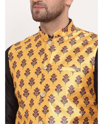 Men Black & Yellow Kurta with Churidar & Printed Nehru Jacket 5