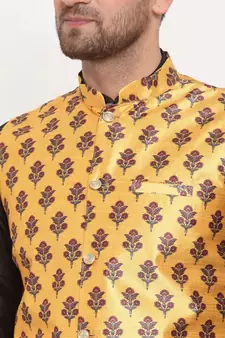 Men Black & Yellow Kurta with Churidar & Printed Nehru Jacket
