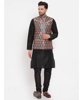 Men Black & Teal Kurta with Churidar & Printed Nehru Jacket 1