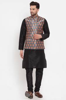 Men Black & Teal Kurta with Churidar & Printed Nehru Jacket