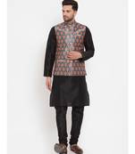 Men Black & Teal Kurta with Churidar & Printed Nehru Jacket