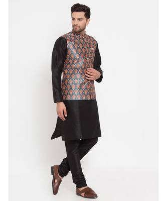 Men Black & Teal Kurta with Churidar & Printed Nehru Jacket 2
