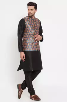 Men Black & Teal Kurta with Churidar & Printed Nehru Jacket