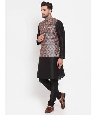 Men Black & Teal Kurta with Churidar & Printed Nehru Jacket 3