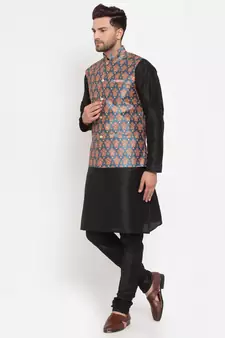 Men Black & Teal Kurta with Churidar & Printed Nehru Jacket