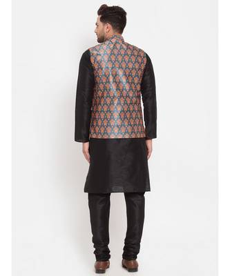 Men Black & Teal Kurta with Churidar & Printed Nehru Jacket 4