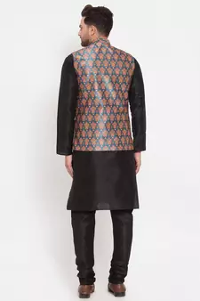 Men Black & Teal Kurta with Churidar & Printed Nehru Jacket