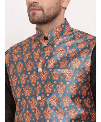 Men Black & Teal Kurta with Churidar & Printed Nehru Jacket 5