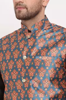 Men Black & Teal Kurta with Churidar & Printed Nehru Jacket