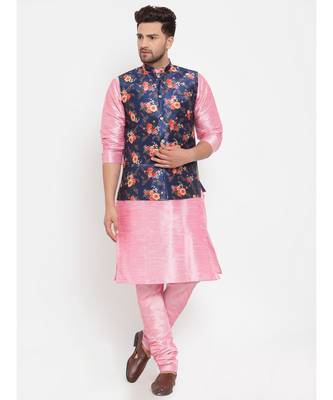 Men Pink & Blue Kurta with Churidar & Printed Nehru Jacket 1
