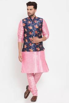 Men Pink & Blue Kurta with Churidar & Printed Nehru Jacket