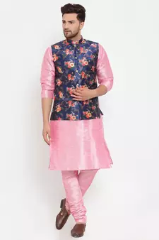 Men Pink & Blue Kurta with Churidar & Printed Nehru Jacket