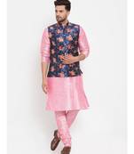 Men Pink & Blue Kurta with Churidar & Printed Nehru Jacket