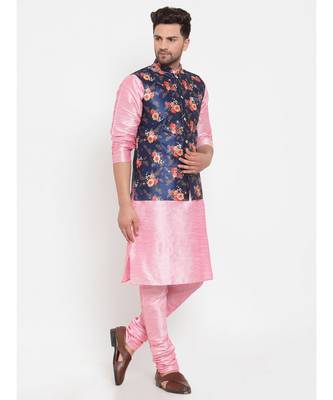 Men Pink & Blue Kurta with Churidar & Printed Nehru Jacket 2