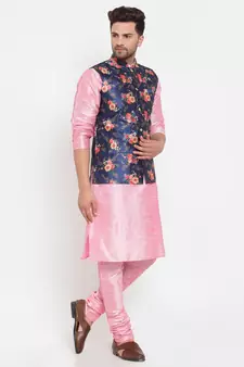 Men Pink & Blue Kurta with Churidar & Printed Nehru Jacket