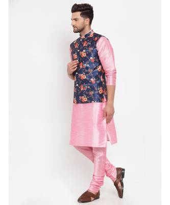 Men Pink & Blue Kurta with Churidar & Printed Nehru Jacket 3