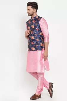 Men Pink & Blue Kurta with Churidar & Printed Nehru Jacket