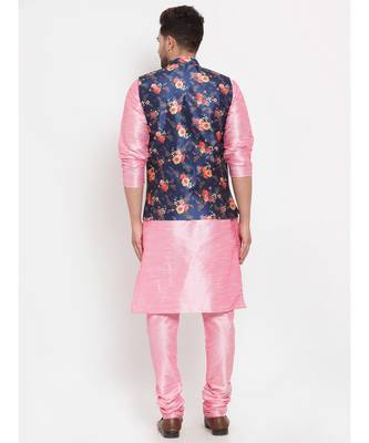 Men Pink & Blue Kurta with Churidar & Printed Nehru Jacket 4