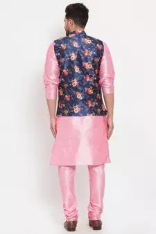 Men Pink & Blue Kurta with Churidar & Printed Nehru Jacket