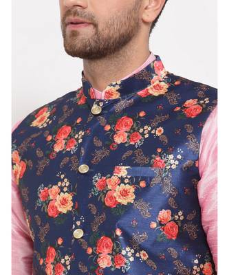 Men Pink & Blue Kurta with Churidar & Printed Nehru Jacket 5