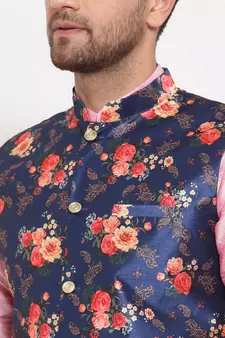 Men Pink & Blue Kurta with Churidar & Printed Nehru Jacket