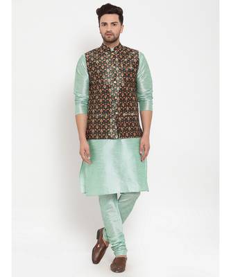 Men Seagreen & Green Kurta with Churidar & Printed Nehru Jacket 1