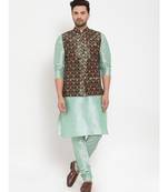 Men Seagreen & Green Kurta with Churidar & Printed Nehru Jacket