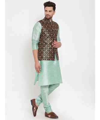 Men Seagreen & Green Kurta with Churidar & Printed Nehru Jacket 2