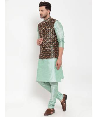 Men Seagreen & Green Kurta with Churidar & Printed Nehru Jacket 3