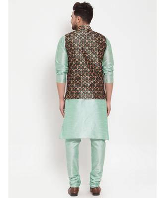 Men Seagreen & Green Kurta with Churidar & Printed Nehru Jacket 4