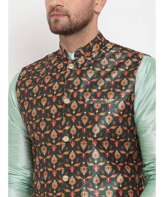 Men Seagreen & Green Kurta with Churidar & Printed Nehru Jacket 5