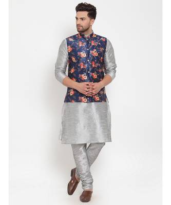 Men Silver & Blue Kurta with Churidar & Printed Nehru Jacket 1