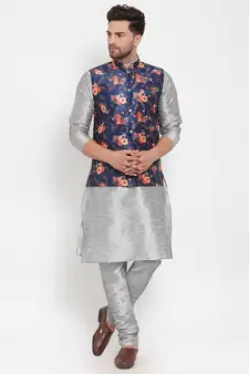 Men Silver & Blue Kurta with Churidar & Printed Nehru Jacket