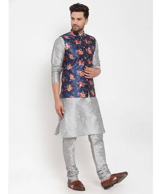 Men Silver & Blue Kurta with Churidar & Printed Nehru Jacket 2