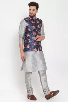 Men Silver & Blue Kurta with Churidar & Printed Nehru Jacket